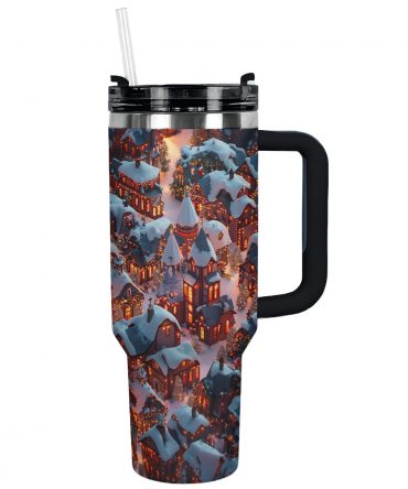 Cozy Christmas Village Night Custom Stanley Quencher 40oz Stainless Steel Tumbler With Handle