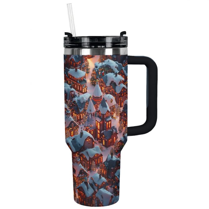 Cozy Christmas Village Night Custom Stanley Quencher 40oz Stainless Steel Tumbler With Handle