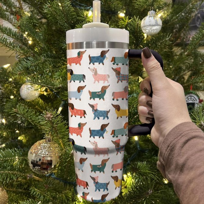 Cozy Dachshund Sweater Christmas Custom Stanley Quencher 40oz Stainless Steel Tumbler With Handle - Image 2
