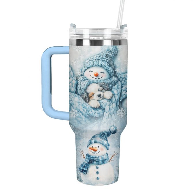 Cozy Snowman Christmas Custom Stanley Quencher 40oz Stainless Steel Tumbler With Handle