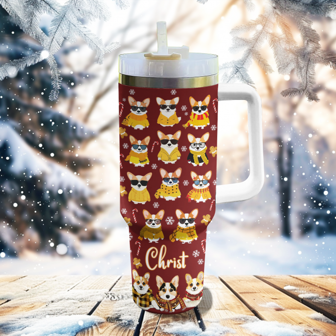 Cozy Yellow Corgi Christmas Custom Stanley Quencher 40oz Stainless Steel Tumbler With Handle - Image 2