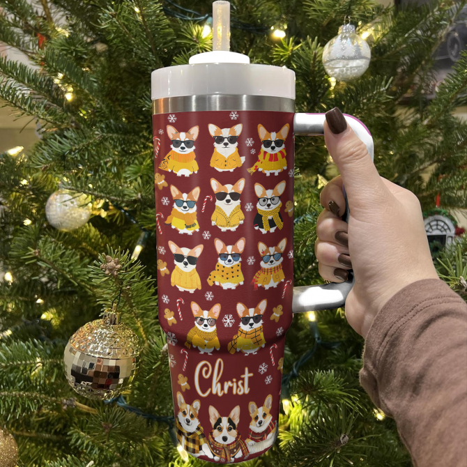 Cozy Yellow Corgi Christmas Custom Stanley Quencher 40oz Stainless Steel Tumbler With Handle - Image 3