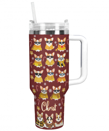Cozy Yellow Corgi Christmas Custom Stanley Quencher 40oz Stainless Steel Tumbler With Handle