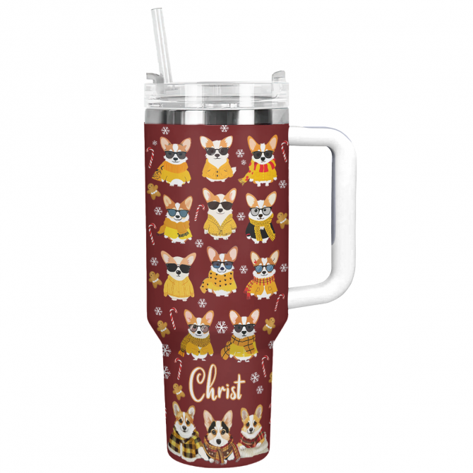 Cozy Yellow Corgi Christmas Custom Stanley Quencher 40oz Stainless Steel Tumbler With Handle