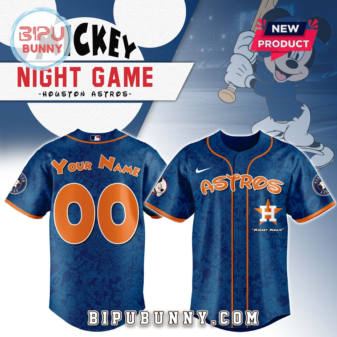 Custom Houston Astros x Mickey Night Game Baseball Jersey
