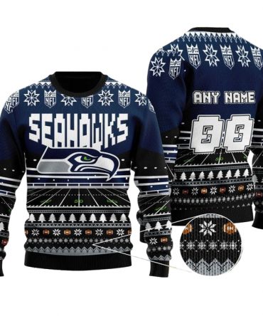 Custom Name Number Nfl Seattle Seahawks Rugby Stadium Ugly Christmas Sweater