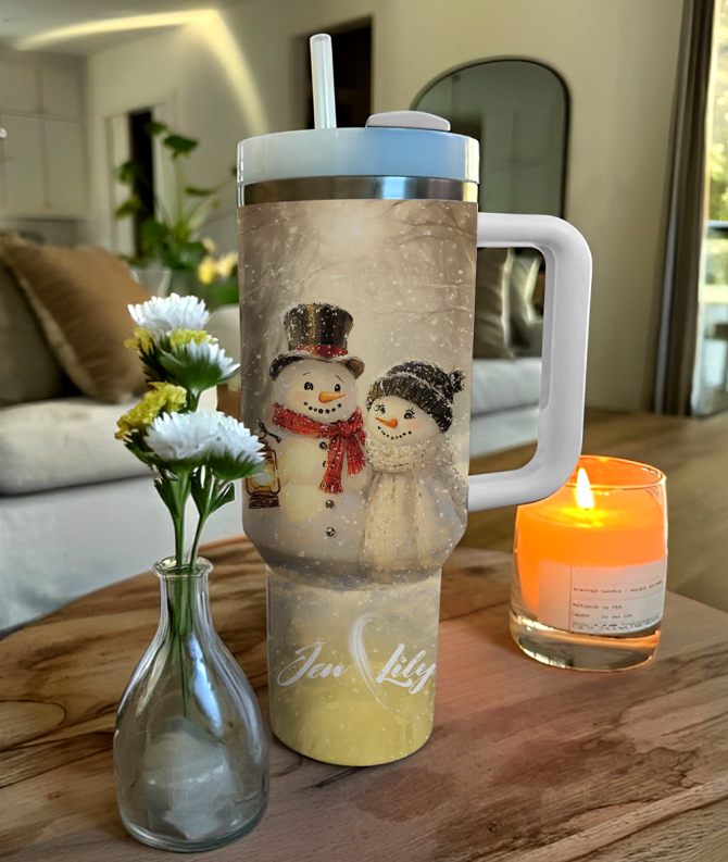 Customized Snowy Cuddle Christmas Custom Stanley Quencher 40oz Stainless Steel Tumbler With Handle - Image 2