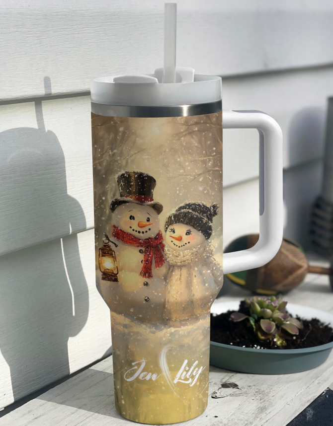 Customized Snowy Cuddle Christmas Custom Stanley Quencher 40oz Stainless Steel Tumbler With Handle - Image 3