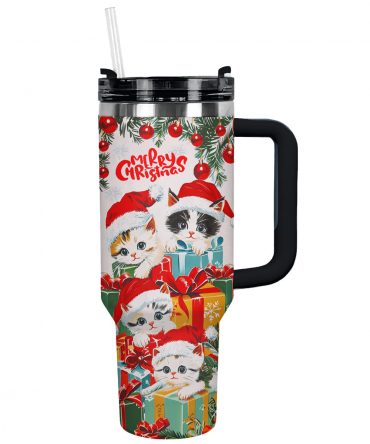 Cute Christmas Kitten Custom Stanley Quencher 40oz Stainless Steel Tumbler With Handle