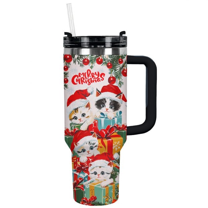 Cute Christmas Kitten Custom Stanley Quencher 40oz Stainless Steel Tumbler With Handle