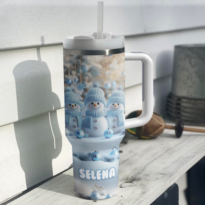 Cute Snowman Triplet Christmas Custom Stanley Quencher 40oz Stainless Steel Tumbler With Handle - Image 2