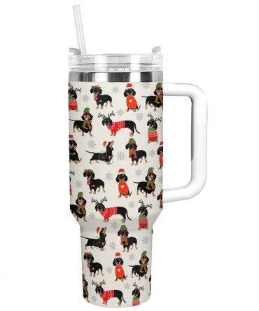 Dachshund Christmas Cheer Custom Stanley Quencher 40oz Stainless Steel Tumbler With Handle