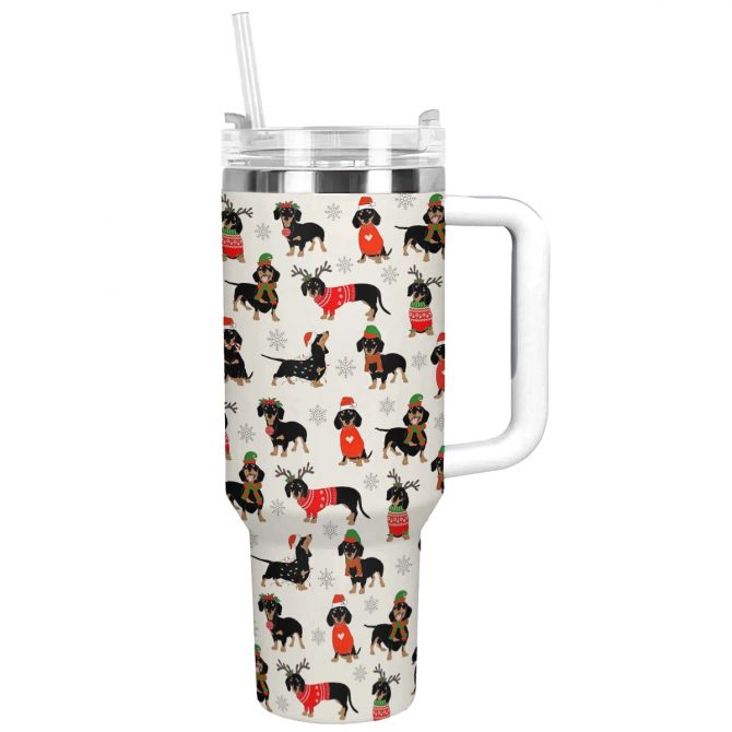 Dachshund Christmas Cheer Custom Stanley Quencher 40oz Stainless Steel Tumbler With Handle