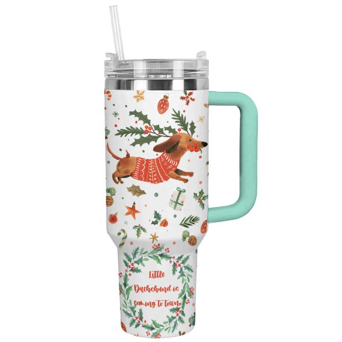 Dachshund Coming To Town Christmas Custom Stanley Quencher 40oz Stainless Steel Tumbler With Handle