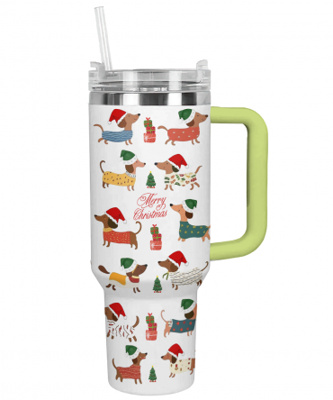 Dachshund Holiday Cheer Christmas Custom Stanley Quencher 40oz Stainless Steel Tumbler With Handle