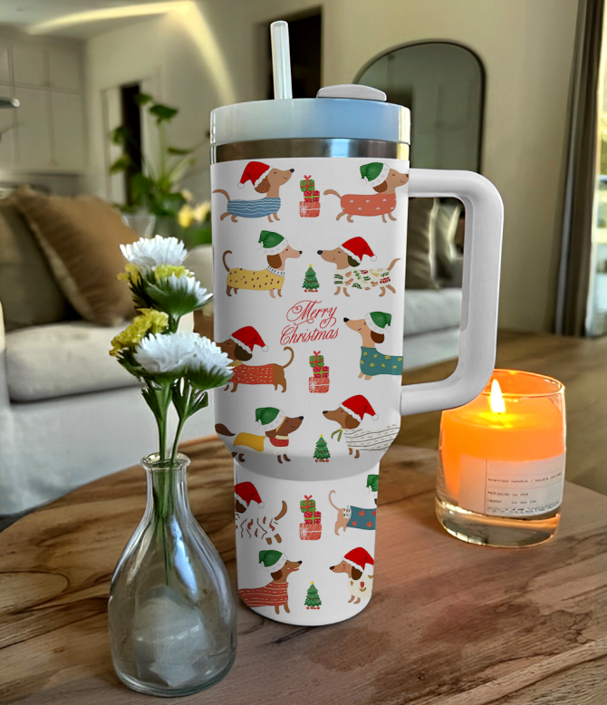 Dachshund Holiday Cheer Christmas Custom Stanley Quencher 40oz Stainless Steel Tumbler With Handle - Image 2