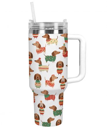 Dachshund In Christmas Sweater Custom Stanley Quencher 40oz Stainless Steel Tumbler With Handle