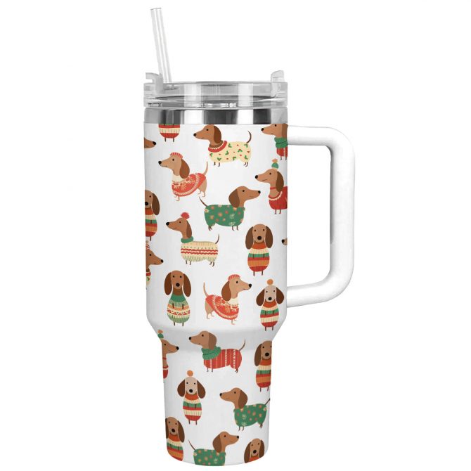 Dachshund In Christmas Sweater Custom Stanley Quencher 40oz Stainless Steel Tumbler With Handle