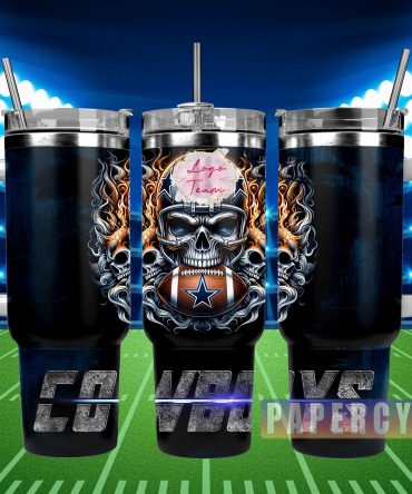 Skull Football Stainless Steel Tumbler with Handle and Straw - Perfect for Game Day