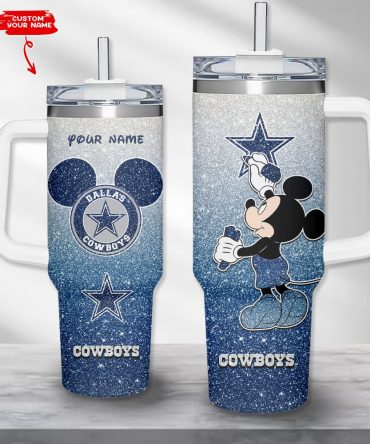 Custom Name Dallas Cowboys Glitter Tumbler with Handle - Mickey Design