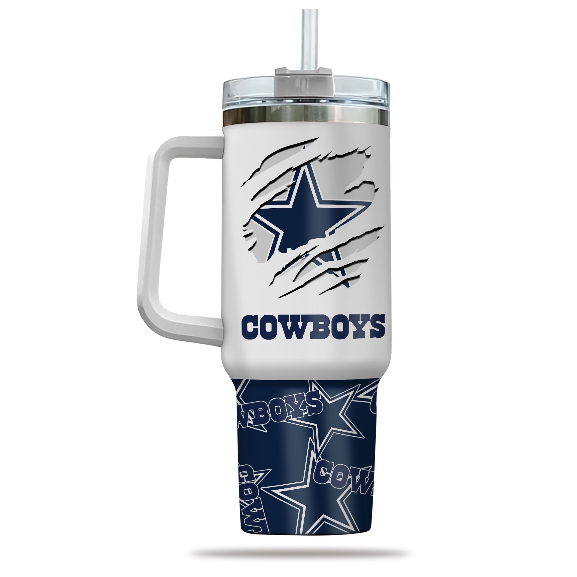 Cowboys Insulated Tumbler Mug with Handle & Straw - Double Wall Design - Image 3