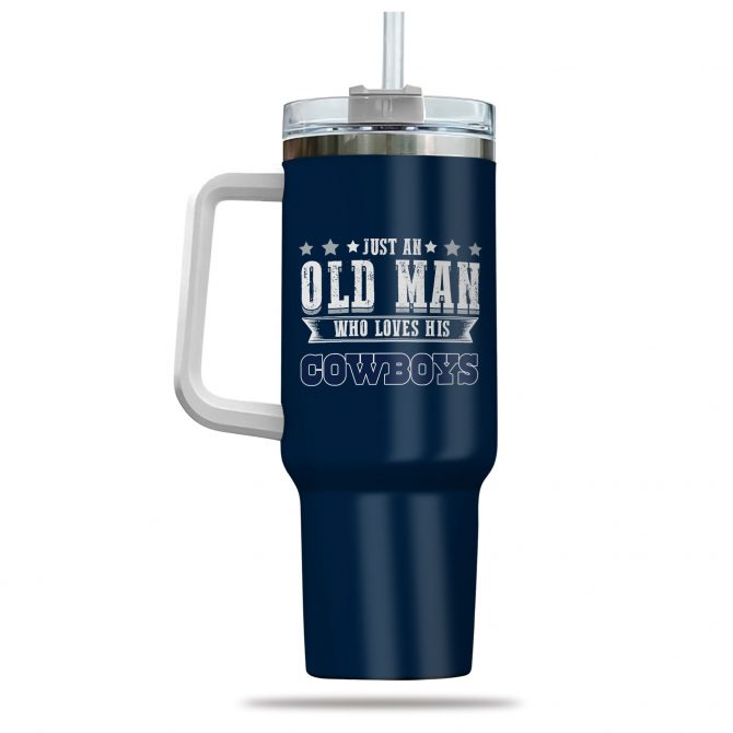 Old Man Cowboy Fan Tumbler - Double-Walled Insulated Mug with Handle & Straw - Image 3