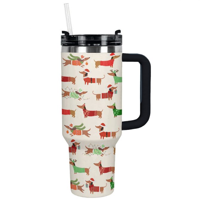Dapper Dachshund Christmas Custom Stanley Quencher 40oz Stainless Steel Tumbler With Handle