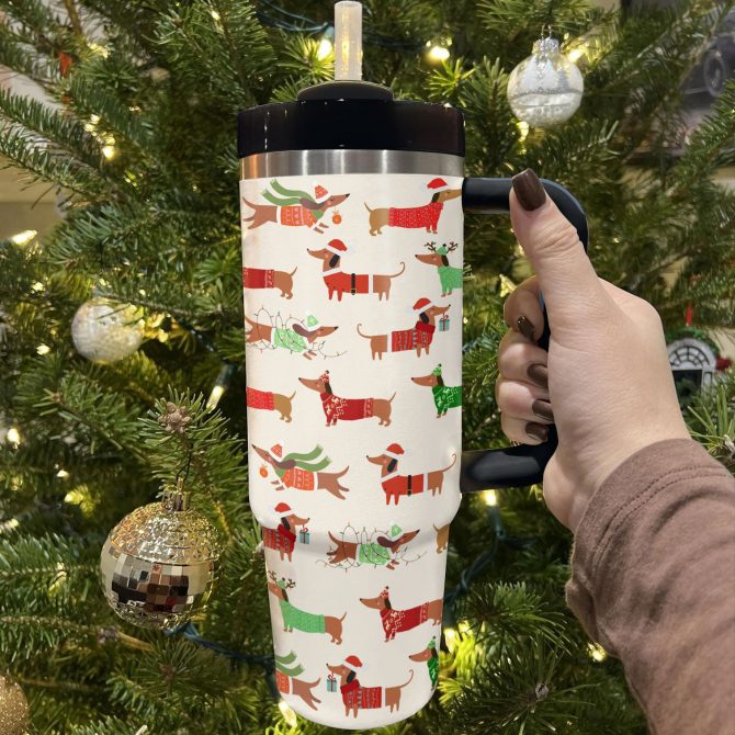 Dapper Dachshund Christmas Custom Stanley Quencher 40oz Stainless Steel Tumbler With Handle - Image 2