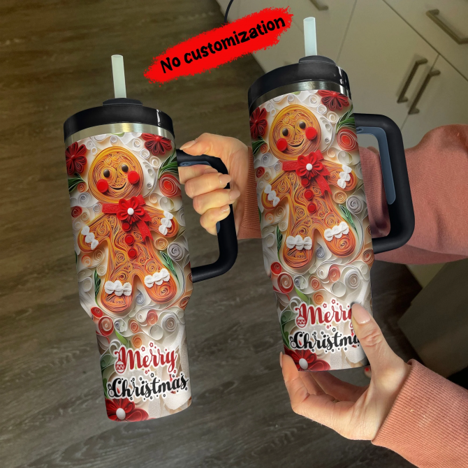 Dashing Gingerbread Delight Christmas Custom Stanley Quencher 40oz Stainless Steel Tumbler With Handle - Image 3