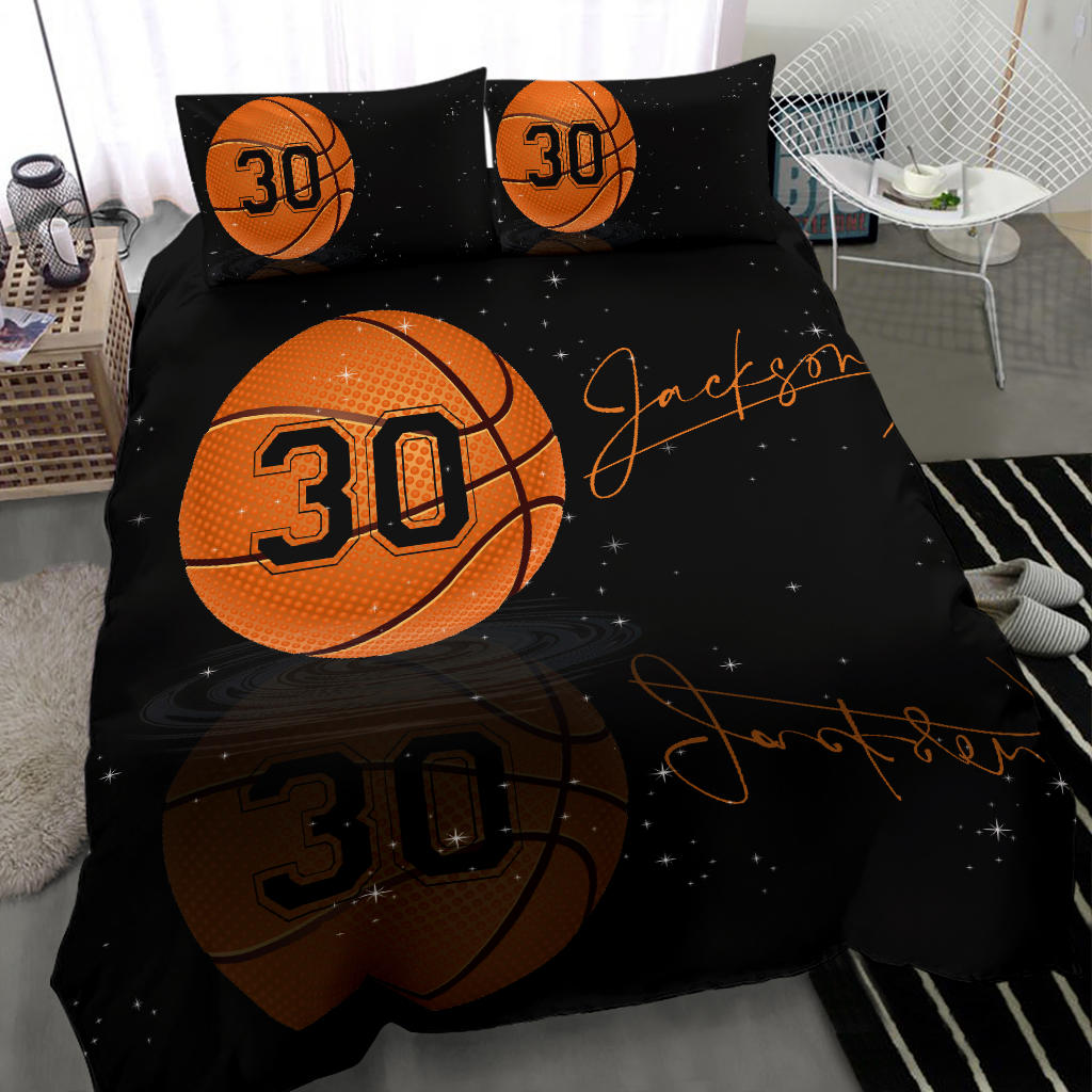 Personalized Basketball Duvet Cover Set, Basketball Ball Player Gift Fan Black Duvet Cover & Pillowcases, Custom Name Number Bedding Set