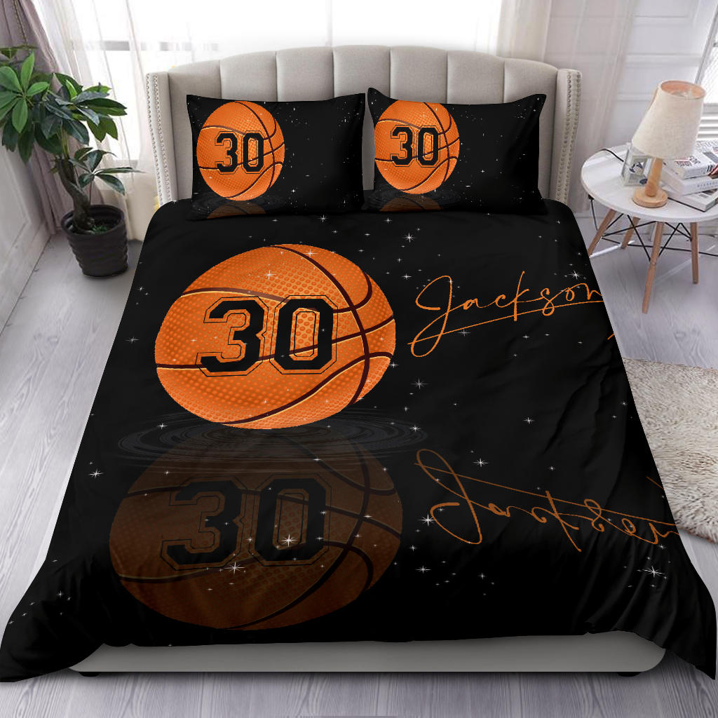 Personalized Basketball Duvet Cover Set, Basketball Ball Player Gift Fan Black Duvet Cover & Pillowcases, Custom Name Number Bedding Set - Image 2