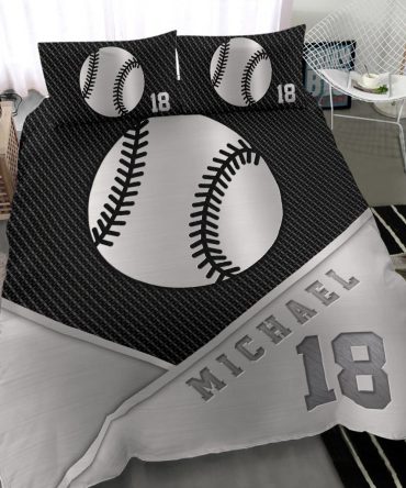 Personalized Baseball Duvet Cover Set, Baseball Ball Metal Gift Player Lover Fan Duvet Cover & Pillowcases, Custom Name Number Bedding Set