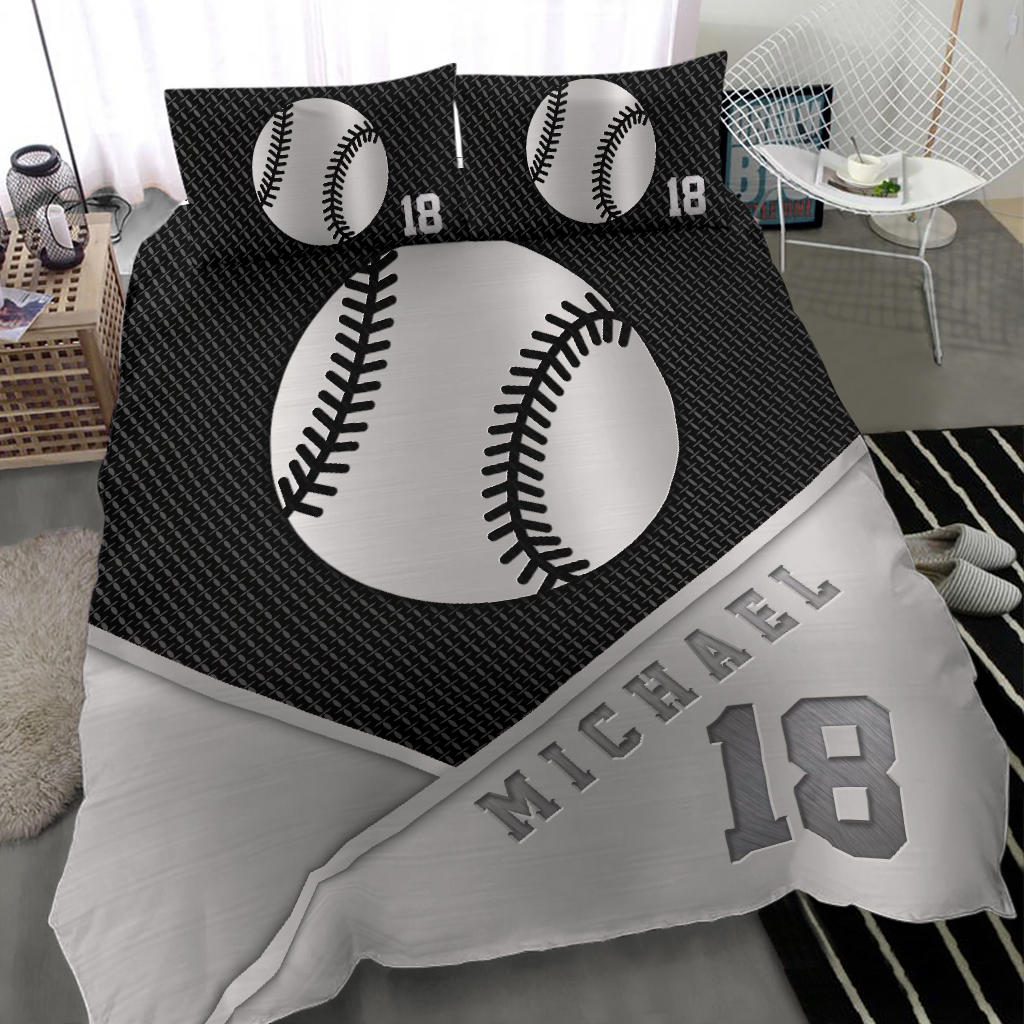 Personalized Baseball Duvet Cover Set, Baseball Ball Metal Gift Player Lover Fan Duvet Cover & Pillowcases, Custom Name Number Bedding Set