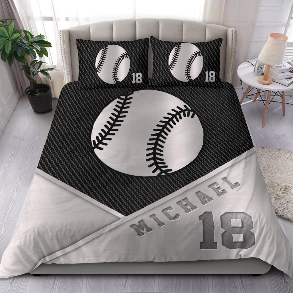 Personalized Baseball Duvet Cover Set, Baseball Ball Metal Gift Player Lover Fan Duvet Cover & Pillowcases, Custom Name Number Bedding Set - Image 2
