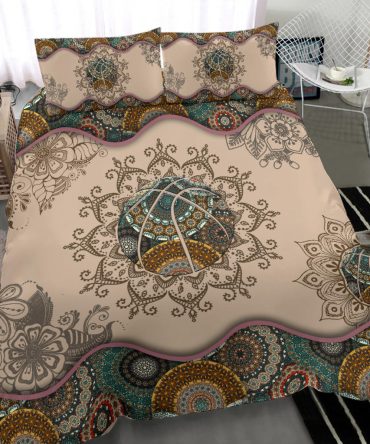Basketball Duvet Cover Set, Basketball Ball Boho Player Fan Gift Mandala Pattern Vintage Brown Duvet Cover & Pillowcases, Bedding Set