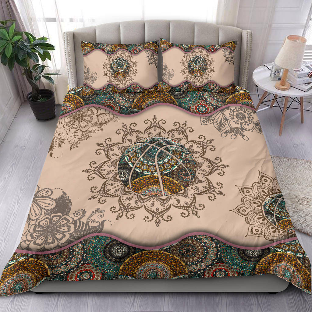 Basketball Duvet Cover Set, Basketball Ball Boho Player Fan Gift Mandala Pattern Vintage Brown Duvet Cover & Pillowcases, Bedding Set - Image 2