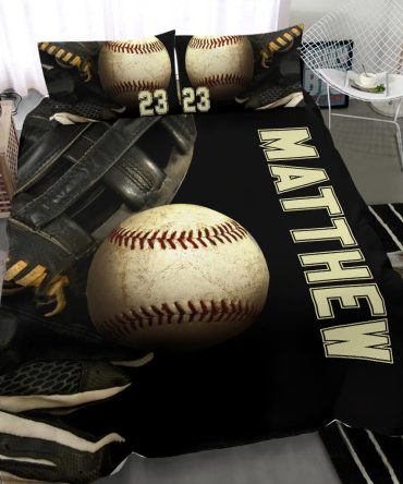 Personalized Baseball Duvet Cover Set, Baseball Player Ball 3D Printed Sport Black Duvet Cover & Pillowcases, Custom Name Number Bedding Set