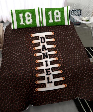 Personalized Football Duvet Cover Set, America Football Player Gift Green Brown Duvet Cover & Pillowcases, Custom Name Number Bedding Set