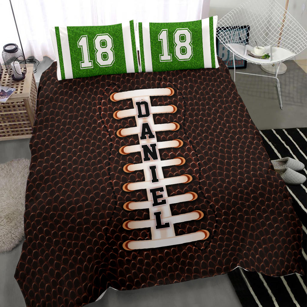 Personalized Football Duvet Cover Set, America Football Player Gift Green Brown Duvet Cover & Pillowcases, Custom Name Number Bedding Set