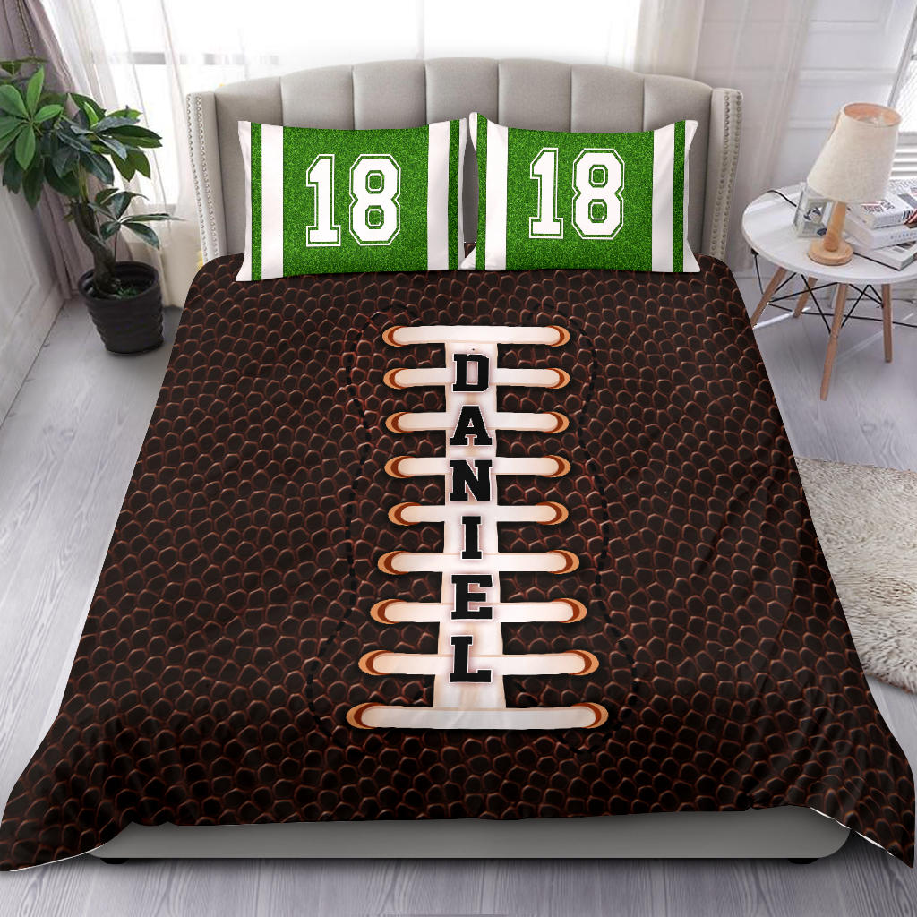 Personalized Football Duvet Cover Set, America Football Player Gift Green Brown Duvet Cover & Pillowcases, Custom Name Number Bedding Set - Image 2