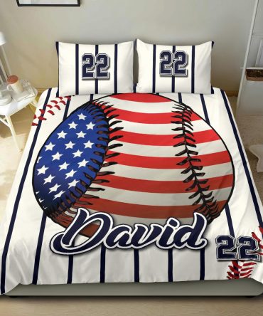 Personalized Baseball Duvet Cover Set, America Baseball Ball Player Fan Gift Beige Duvet Cover & Pillowcases, Custom Name Number Bedding Set