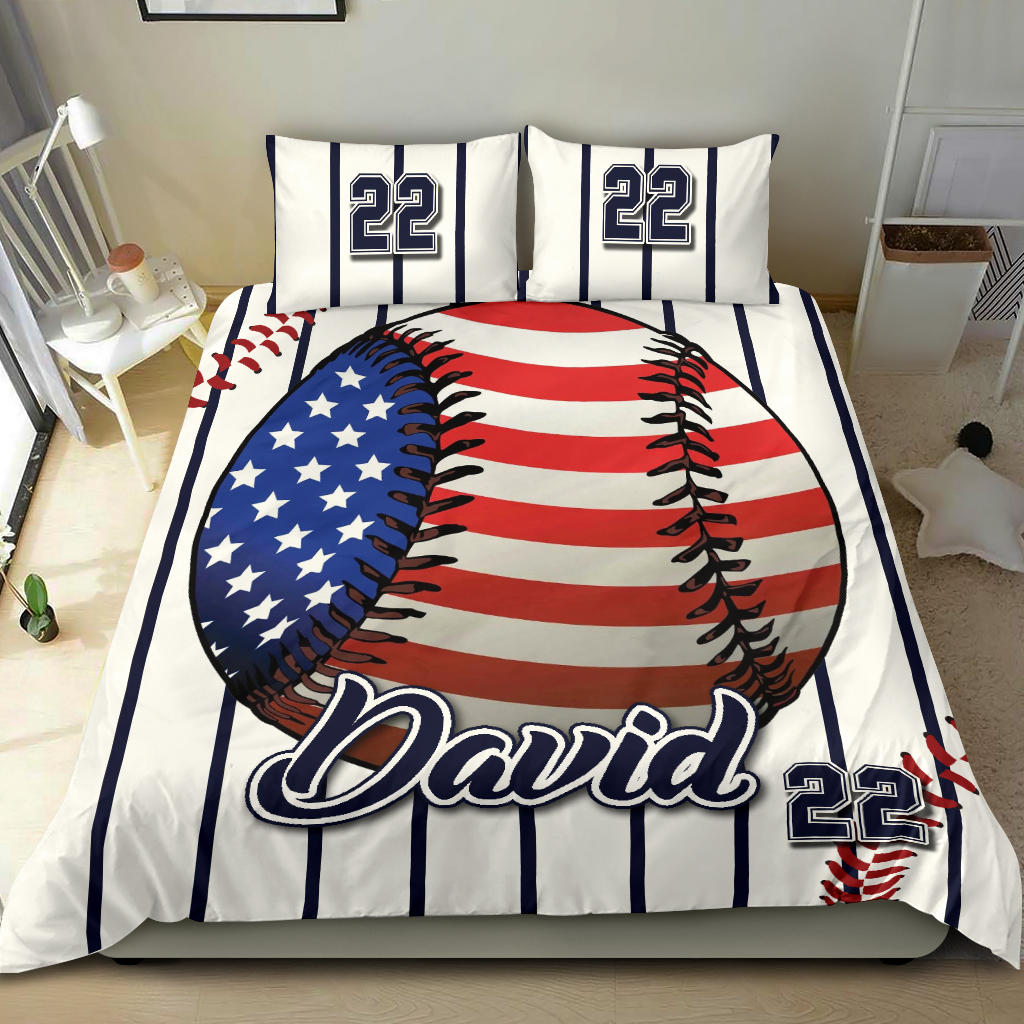 Personalized Baseball Duvet Cover Set, America Baseball Ball Player Fan Gift Beige Duvet Cover & Pillowcases, Custom Name Number Bedding Set