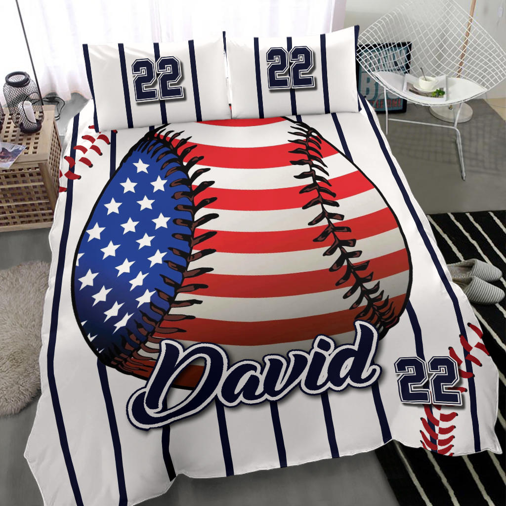 Personalized Baseball Duvet Cover Set, America Baseball Ball Player Fan Gift Beige Duvet Cover & Pillowcases, Custom Name Number Bedding Set - Image 2