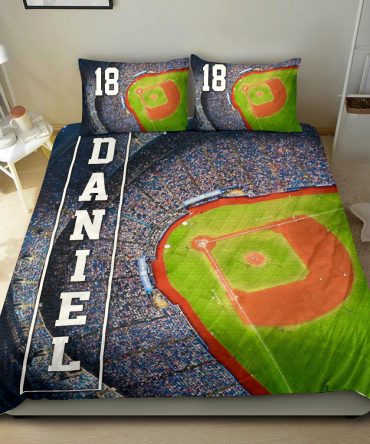 Personalized Baseball Duvet Cover Set, Baseball Field Stadium Player Fan Gift Idea Duvet Cover & Pillowcases, Custom Name Number Bedding Set