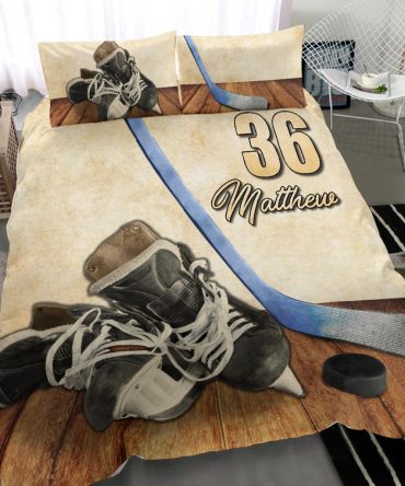 Personalized Hockey Duvet Cover Set, Hockey Shoes Stick Player Gift Vintage Beige Duvet Cover & Pillowcases, Custom Name Number Bedding Set