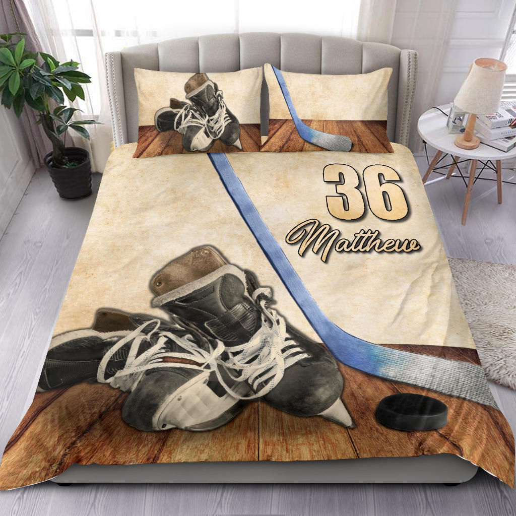 Personalized Hockey Duvet Cover Set, Hockey Shoes Stick Player Gift Vintage Beige Duvet Cover & Pillowcases, Custom Name Number Bedding Set - Image 2