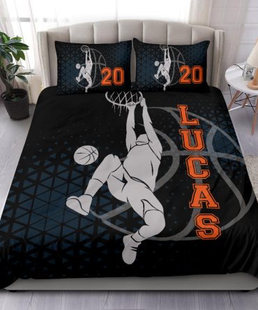 Personalized Basketball Duvet Cover Set, Basketball Boy Player Posing Gift Idea Black Duvet Cover & Pillowcases, Custom Name Number Bedding Set