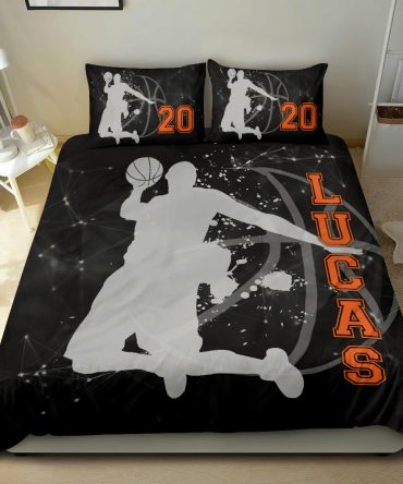 Personalized Basketball Duvet Cover Set, Basketball Player Posing Fan Gift Black Duvet Cover & Pillowcases, Custom Name Number Bedding Set