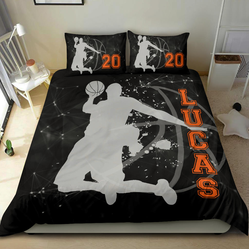 Personalized Basketball Duvet Cover Set, Basketball Player Posing Fan Gift Black Duvet Cover & Pillowcases, Custom Name Number Bedding Set