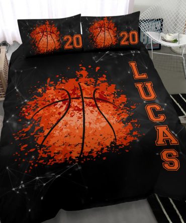 Personalized Basketball Duvet Cover Set, Basketball Ball Watercolor Player Fan Black Duvet Cover & Pillowcases, Custom Name Number Bedding Set